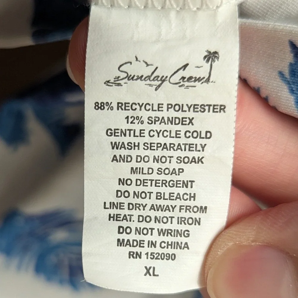 Sunday Crew Polo Shirt Mens XL White Blue Tropical Palm Bird of Paradise UPF 50+